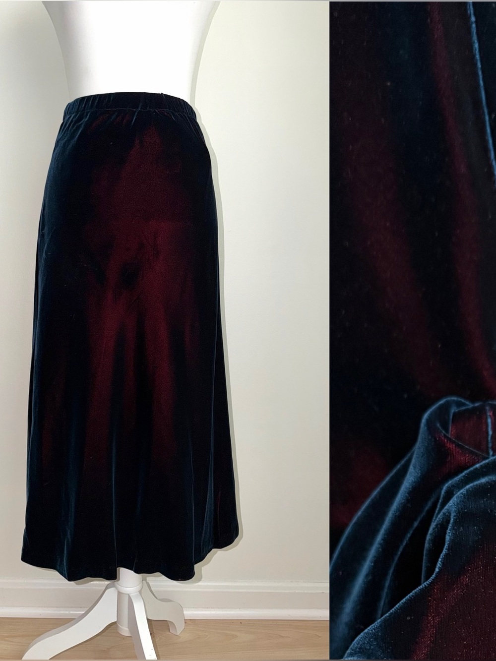 Vintage Velvet Color Shifting High Waisted Skirt, Navy & Burgundy, 24-30" Waist